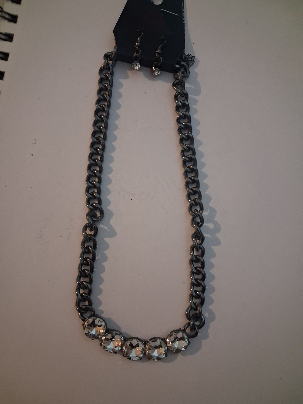 Gunmetal Chain Necklace with Clear Crystal Accents And Earrings - Women Jewelry
